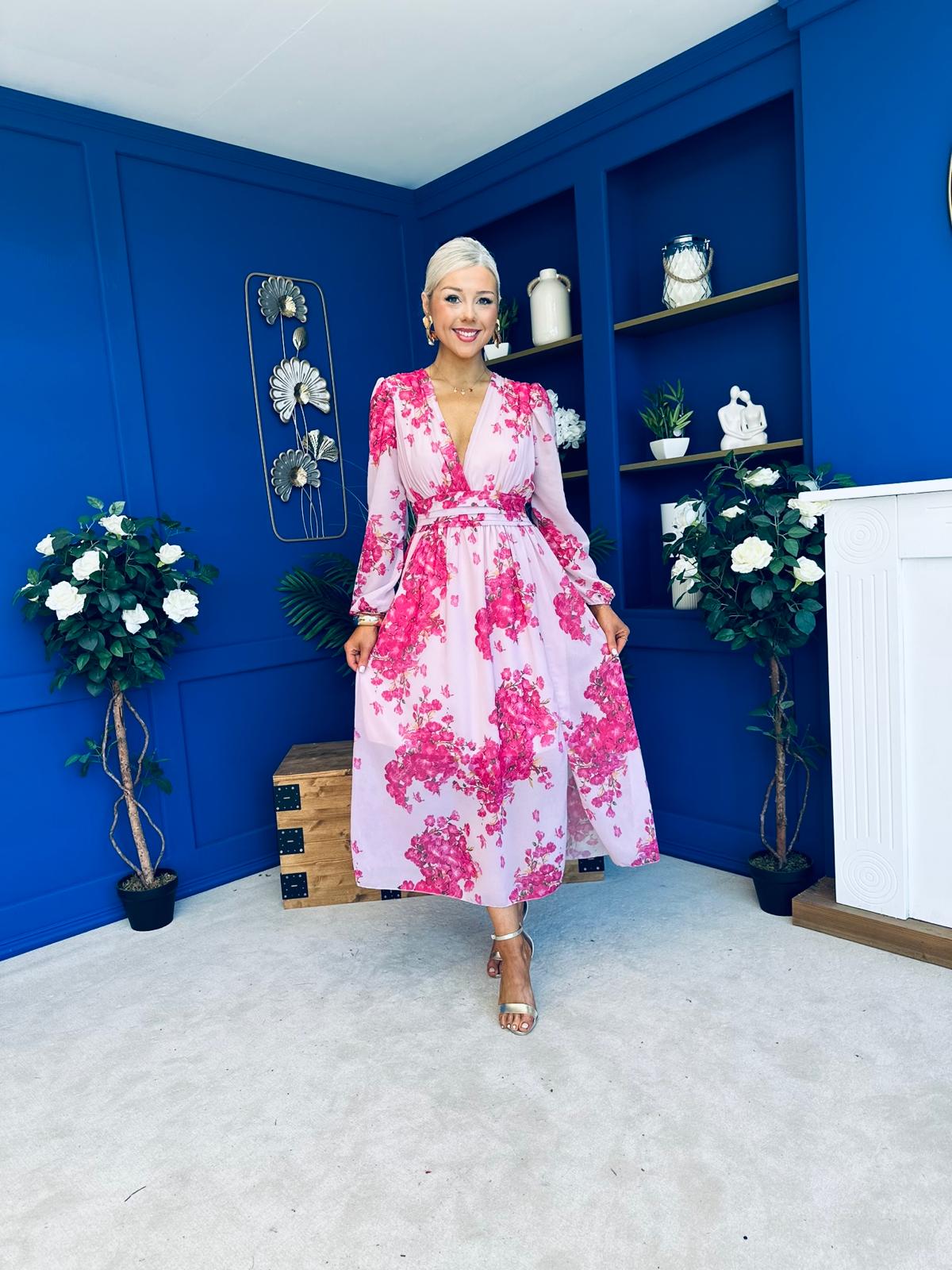 Sabrina Banded Midi Dress Floral Pink