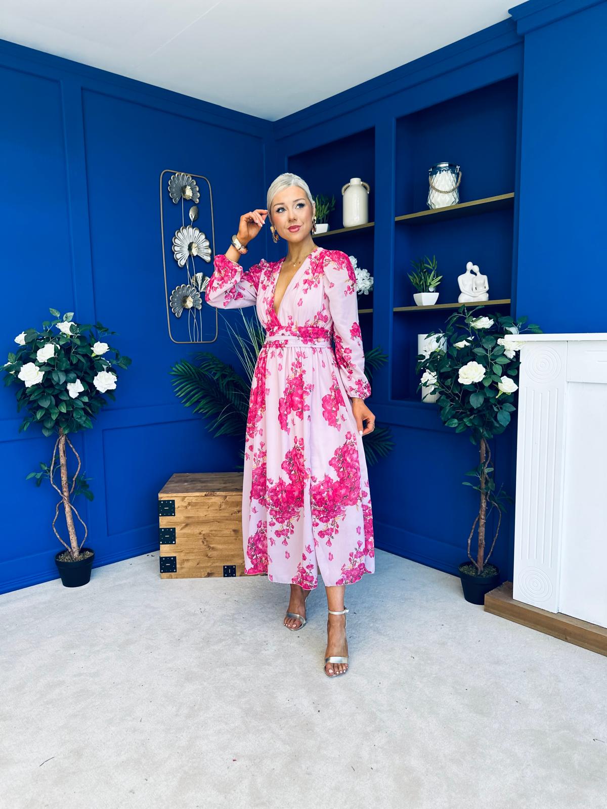 Sabrina Banded Midi Dress Floral Pink