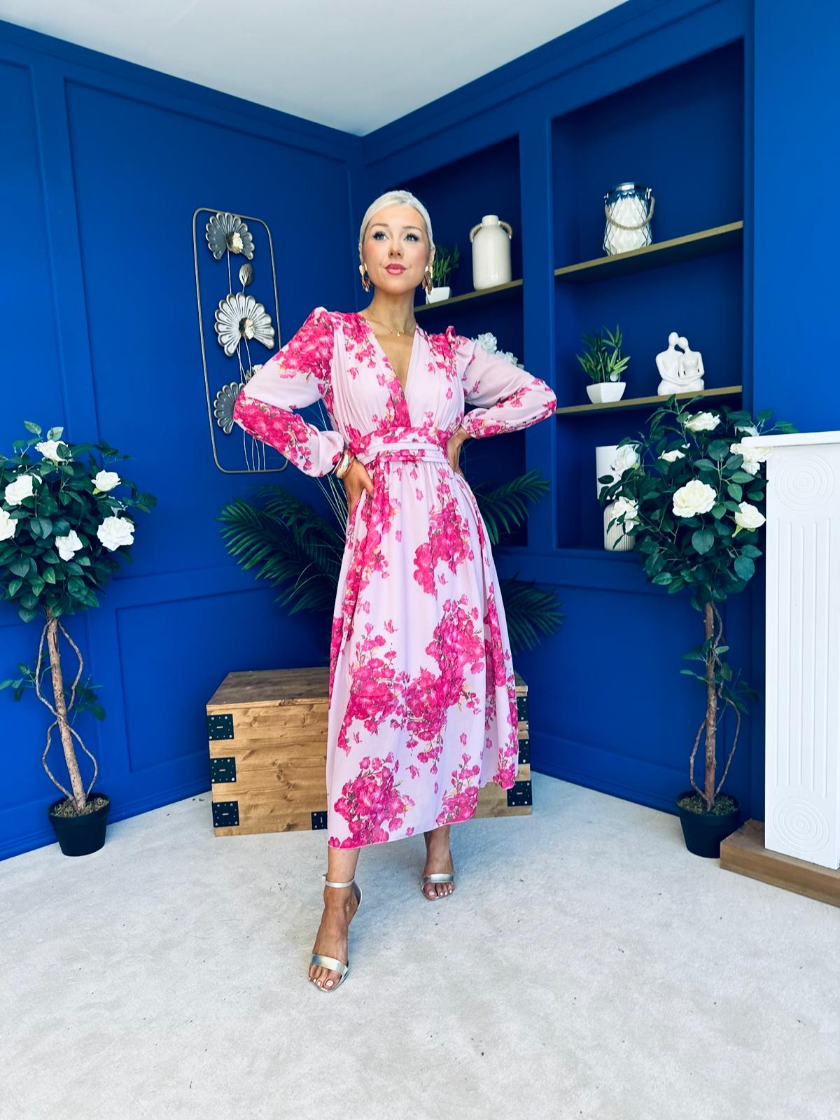 Sabrina Banded Midi Dress Floral Pink