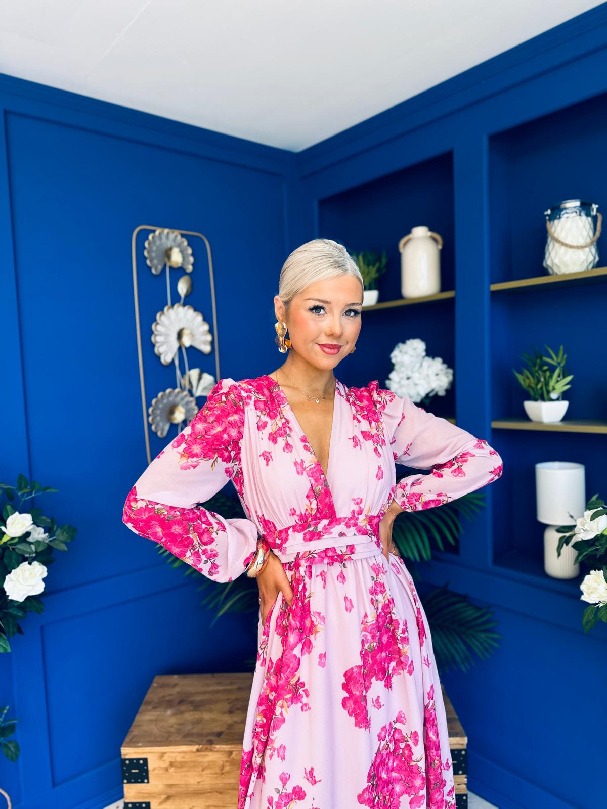 Sabrina Banded Midi Dress Floral Pink