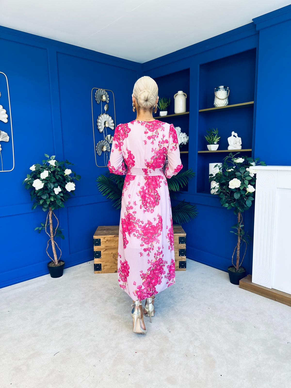 Sabrina Banded Midi Dress Floral Pink