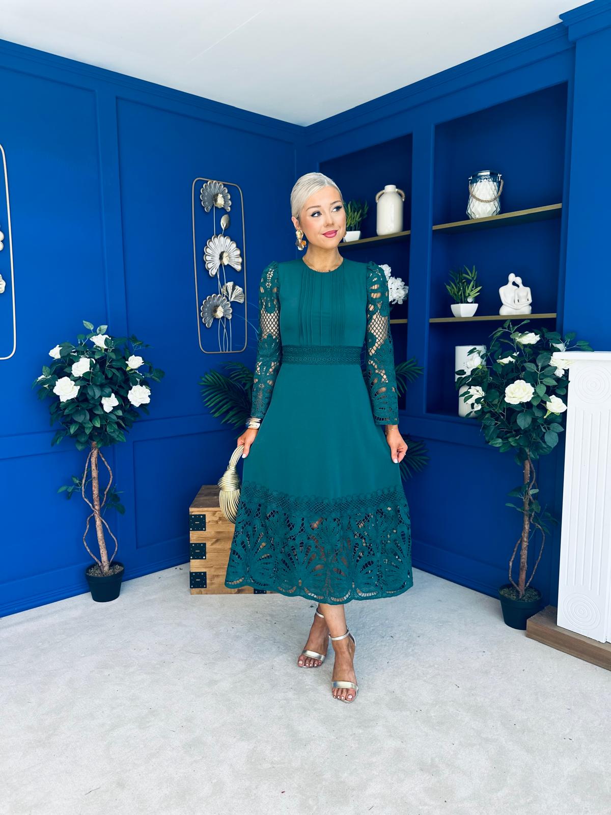 Tiffany Crochet Detail Occasion Dress Forest