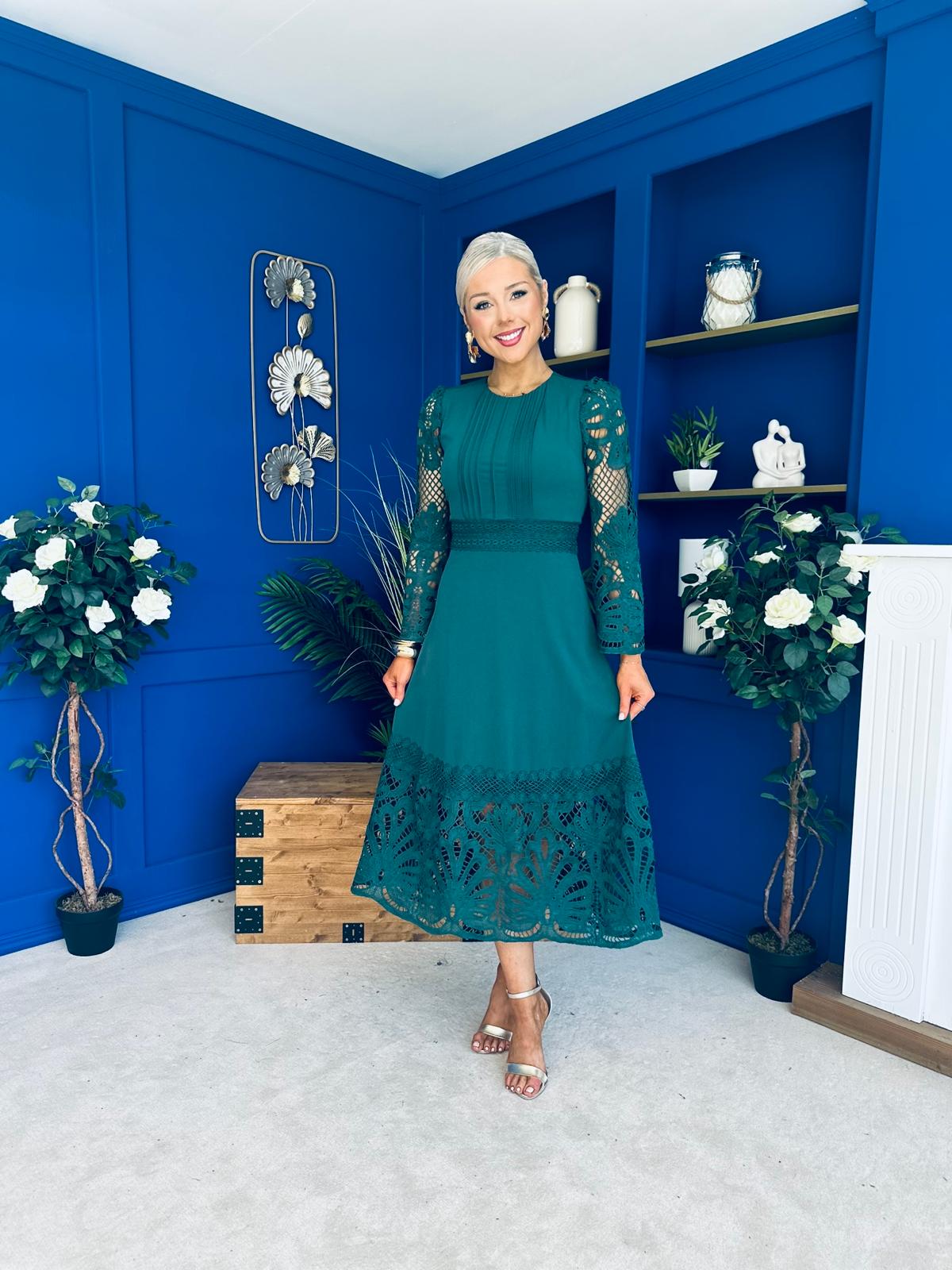 Tiffany Crochet Detail Occasion Dress Forest