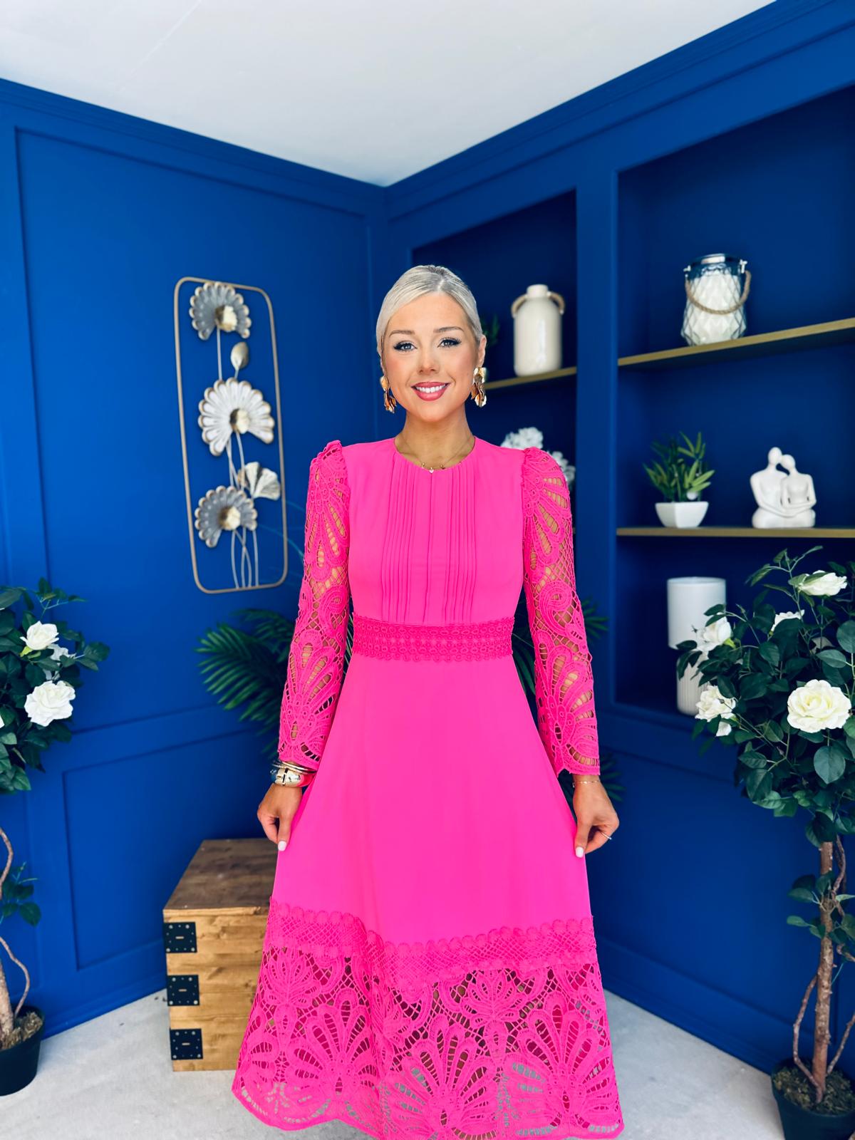 Tiffany Crochet Detail Occasion Dress Pink
