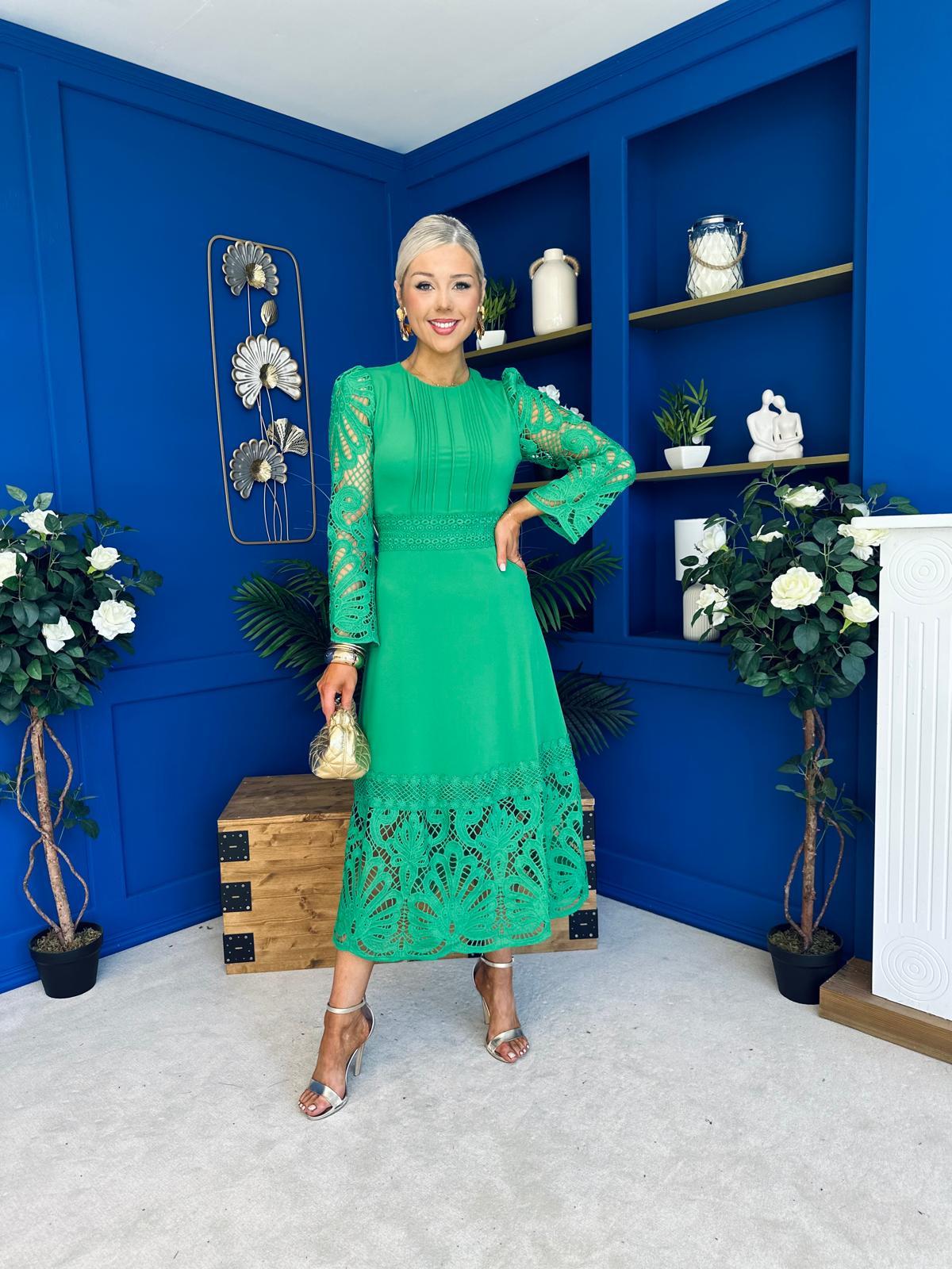 Tiffany Crochet Detail Occasion Dress Emerald - Main Image