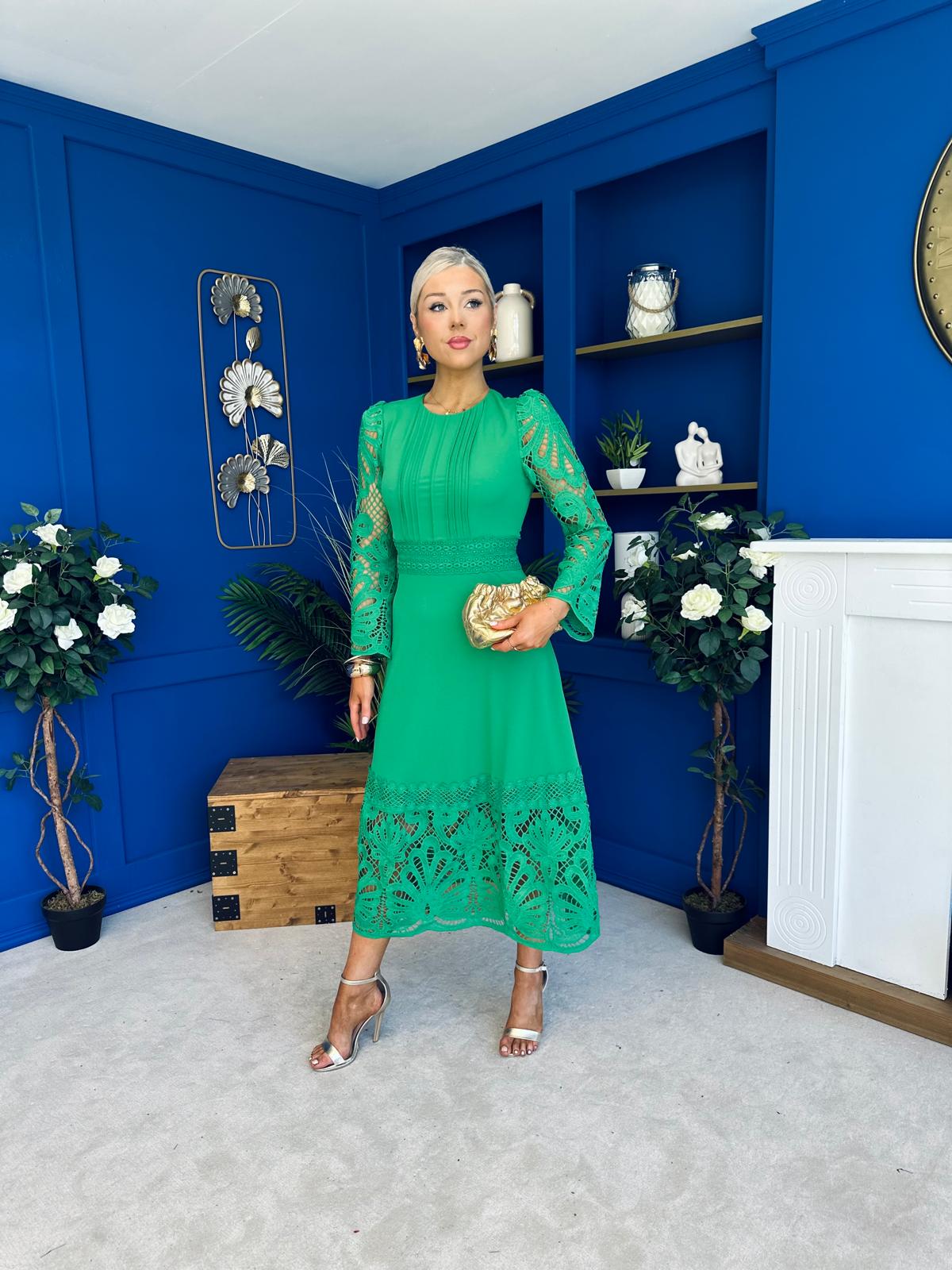 Tiffany Crochet Detail Occasion Dress Emerald