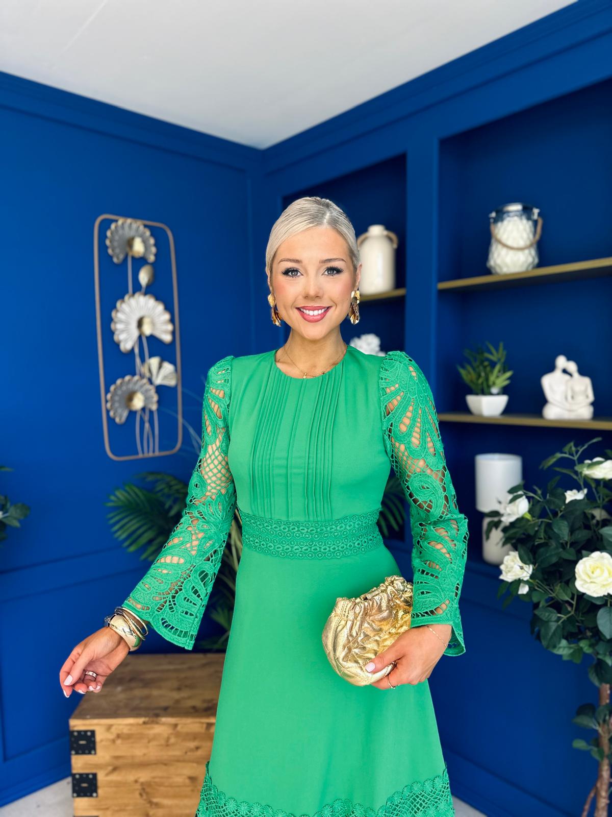 Tiffany Crochet Detail Occasion Dress Emerald