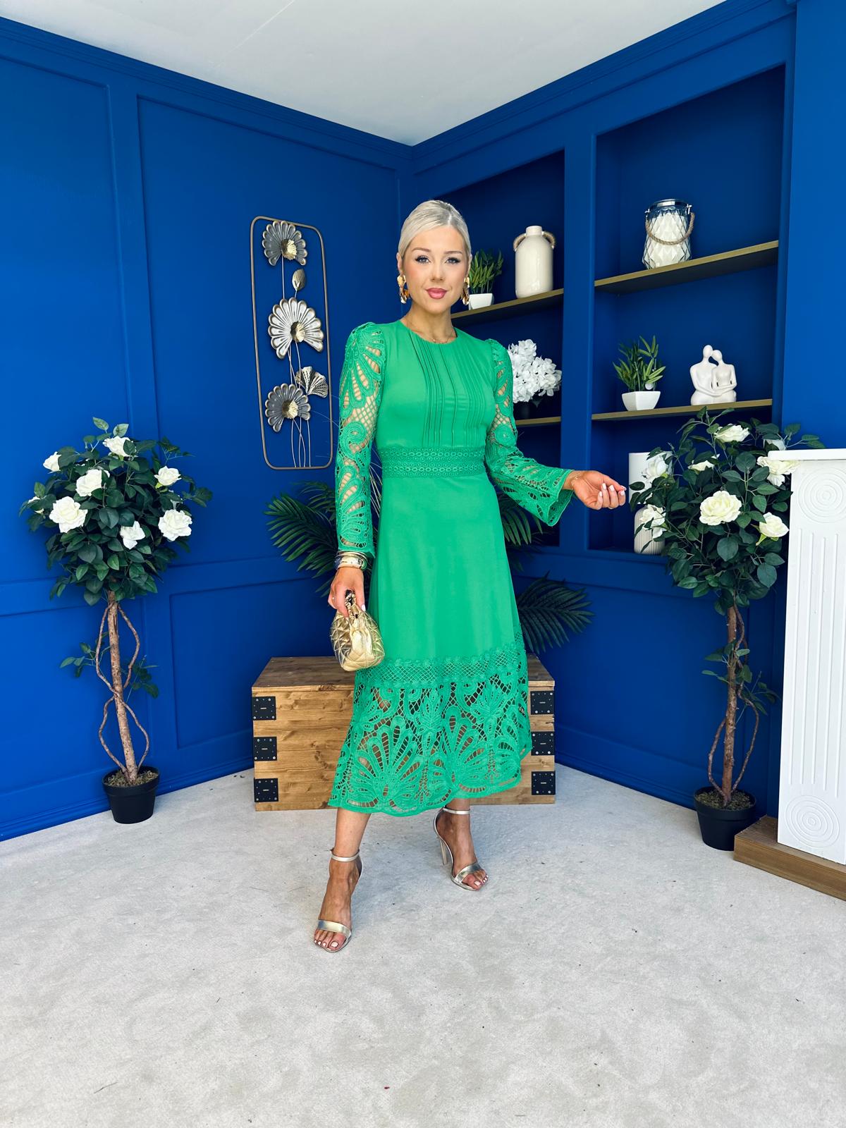 Tiffany Crochet Detail Occasion Dress Emerald