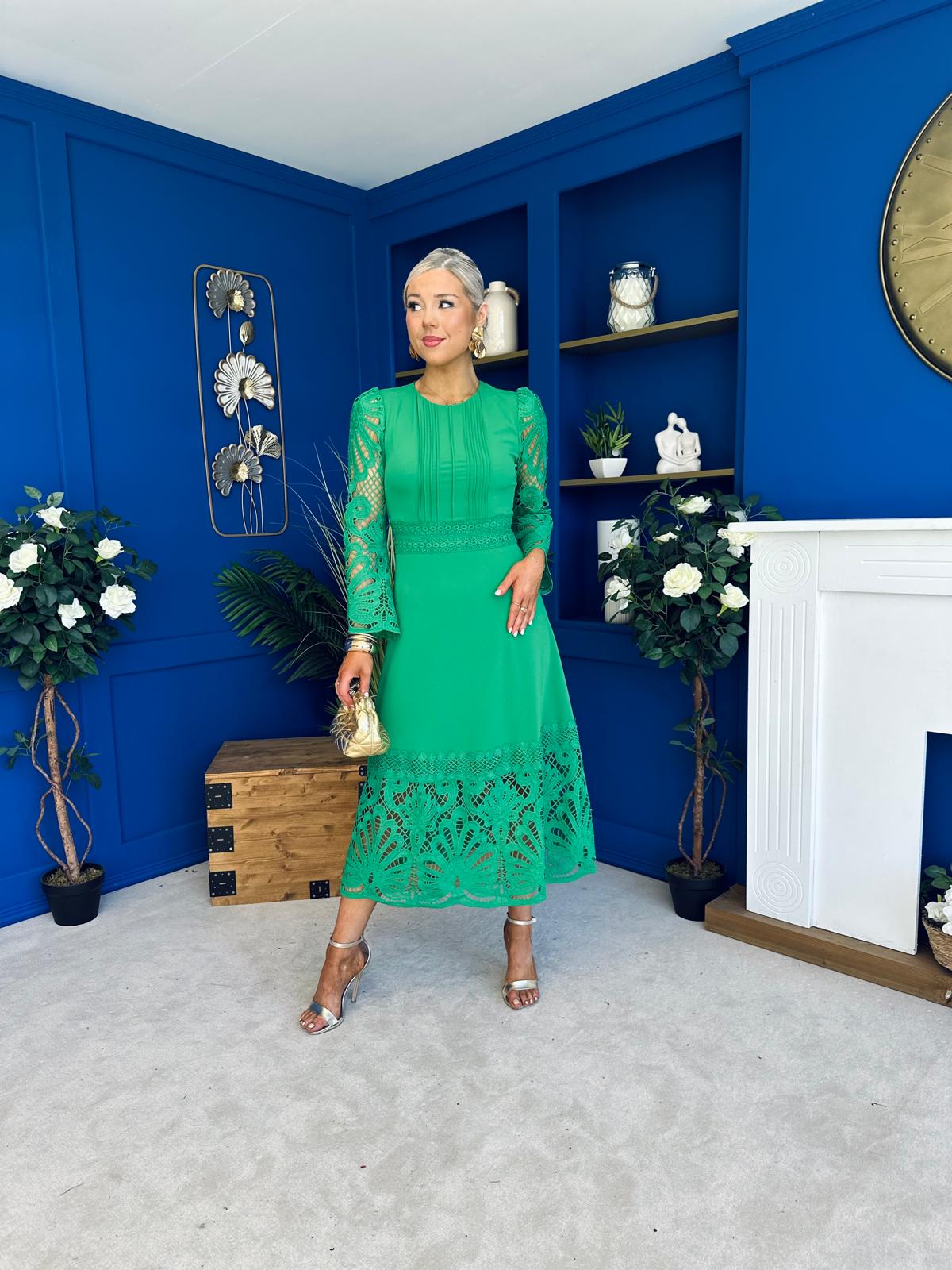 Tiffany Crochet Detail Occasion Dress Emerald