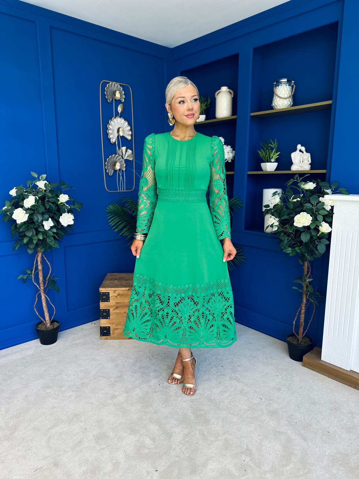 Tiffany Crochet Detail Occasion Dress Emerald