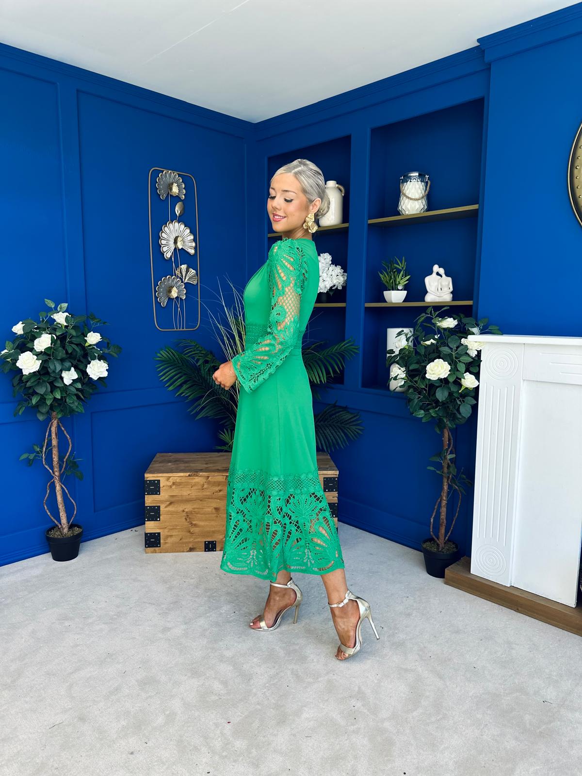 Tiffany Crochet Detail Occasion Dress Emerald