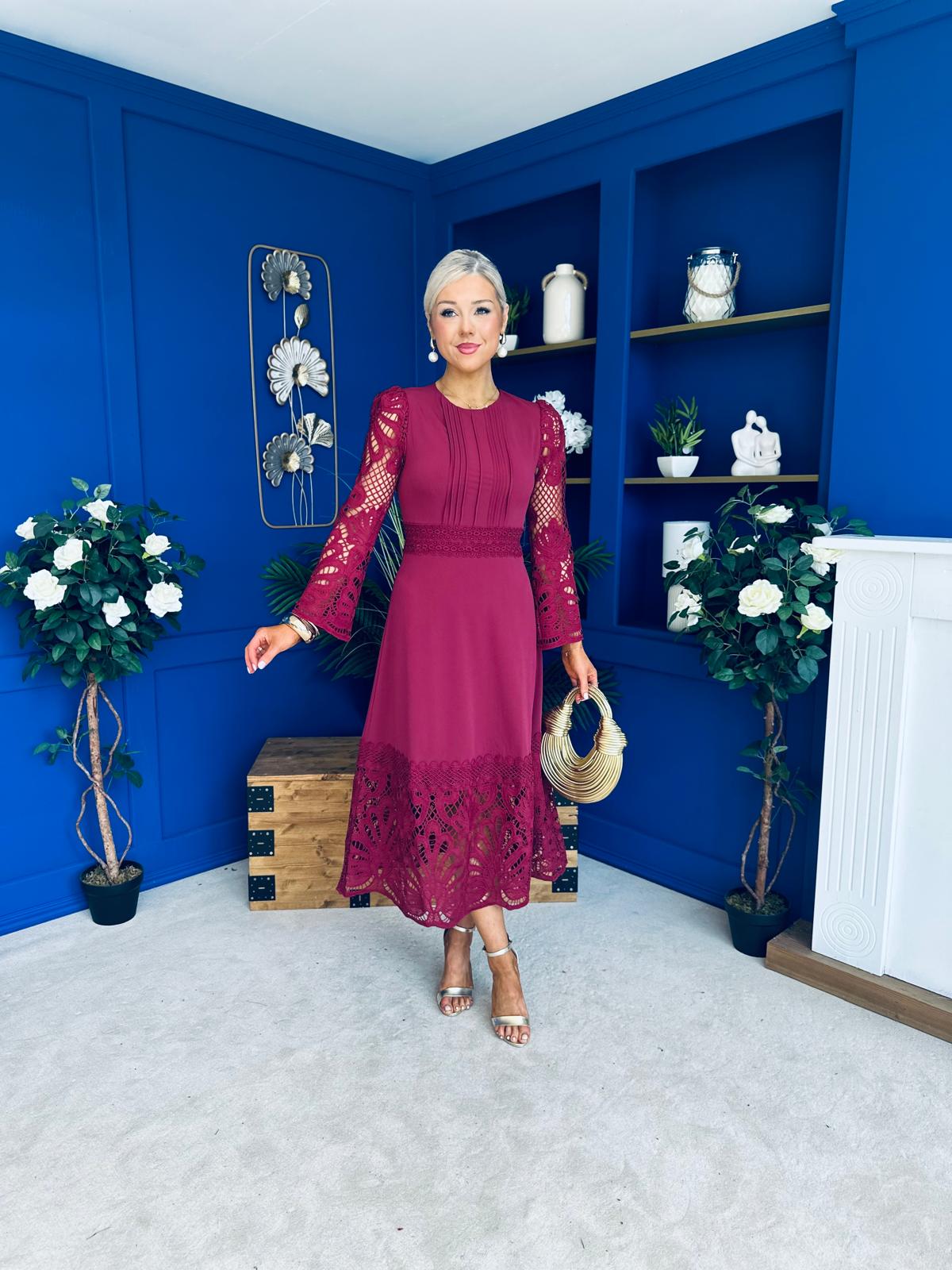 Tiffany Crochet Detail Occasion Dress Wine