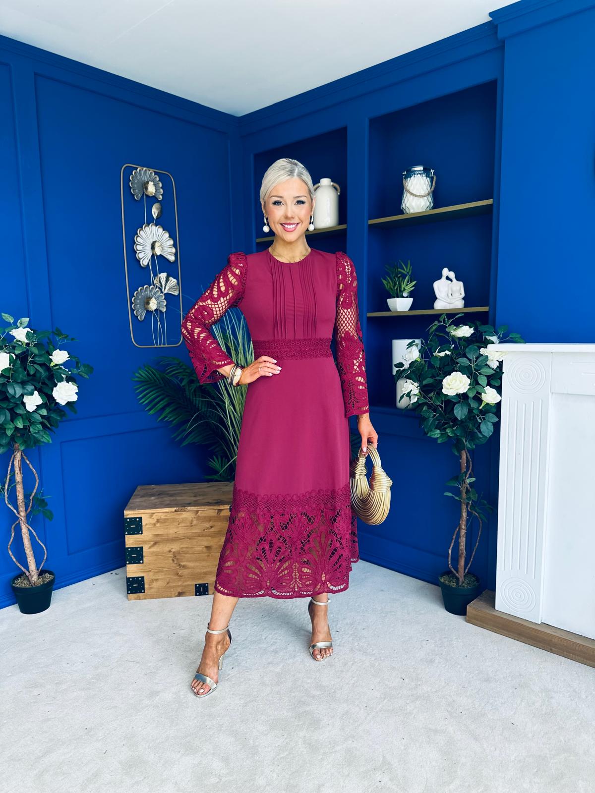 Tiffany Crochet Detail Occasion Dress Wine