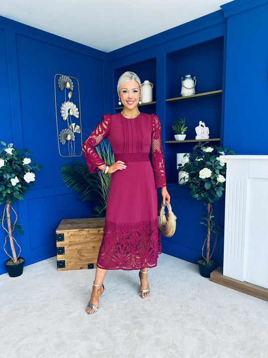 Tiffany Crochet Detail Occasion Dress Wine