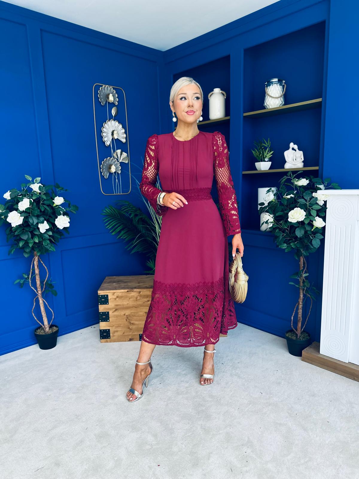 Tiffany Crochet Detail Occasion Dress Wine
