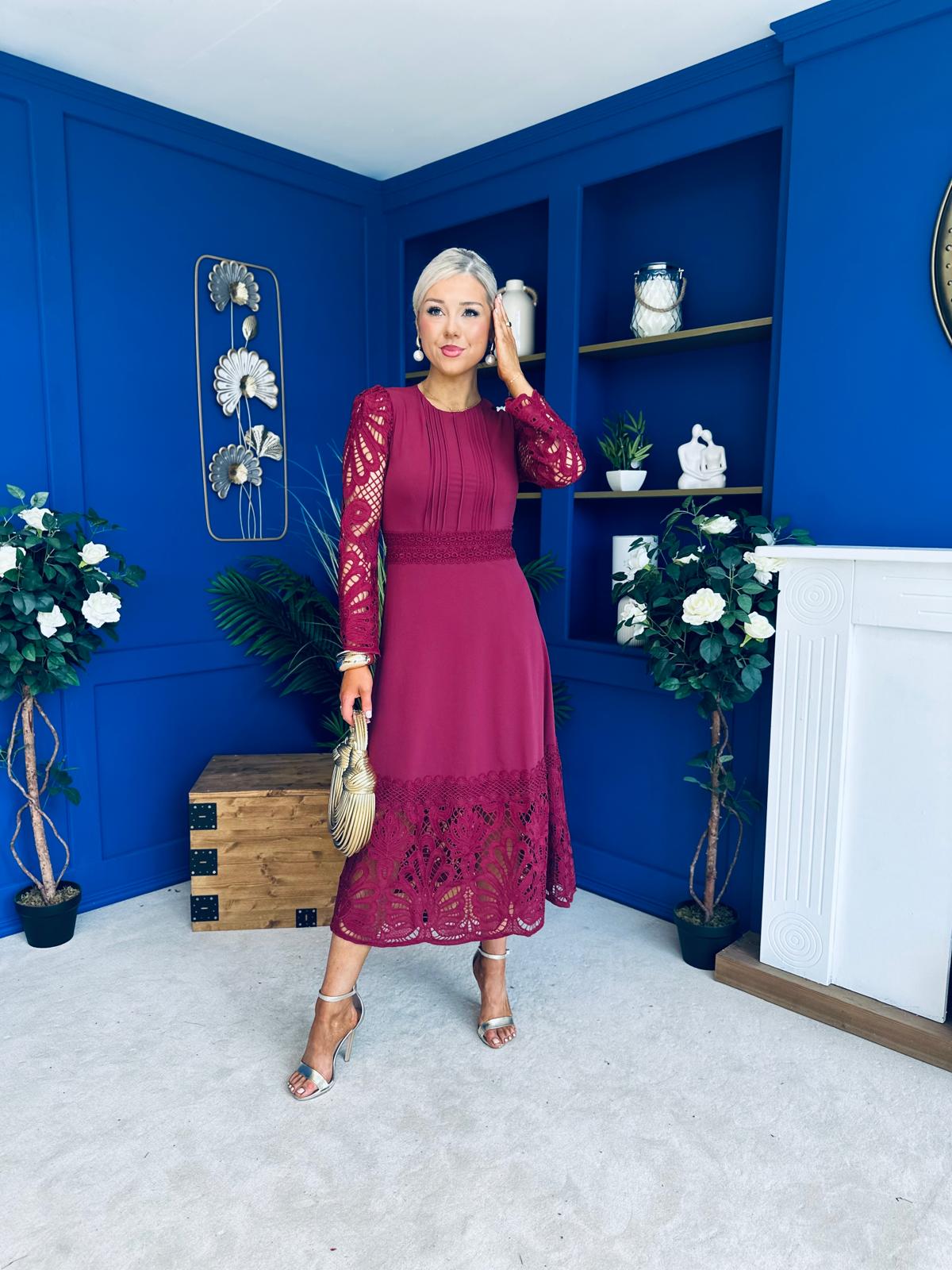Tiffany Crochet Detail Occasion Dress Wine