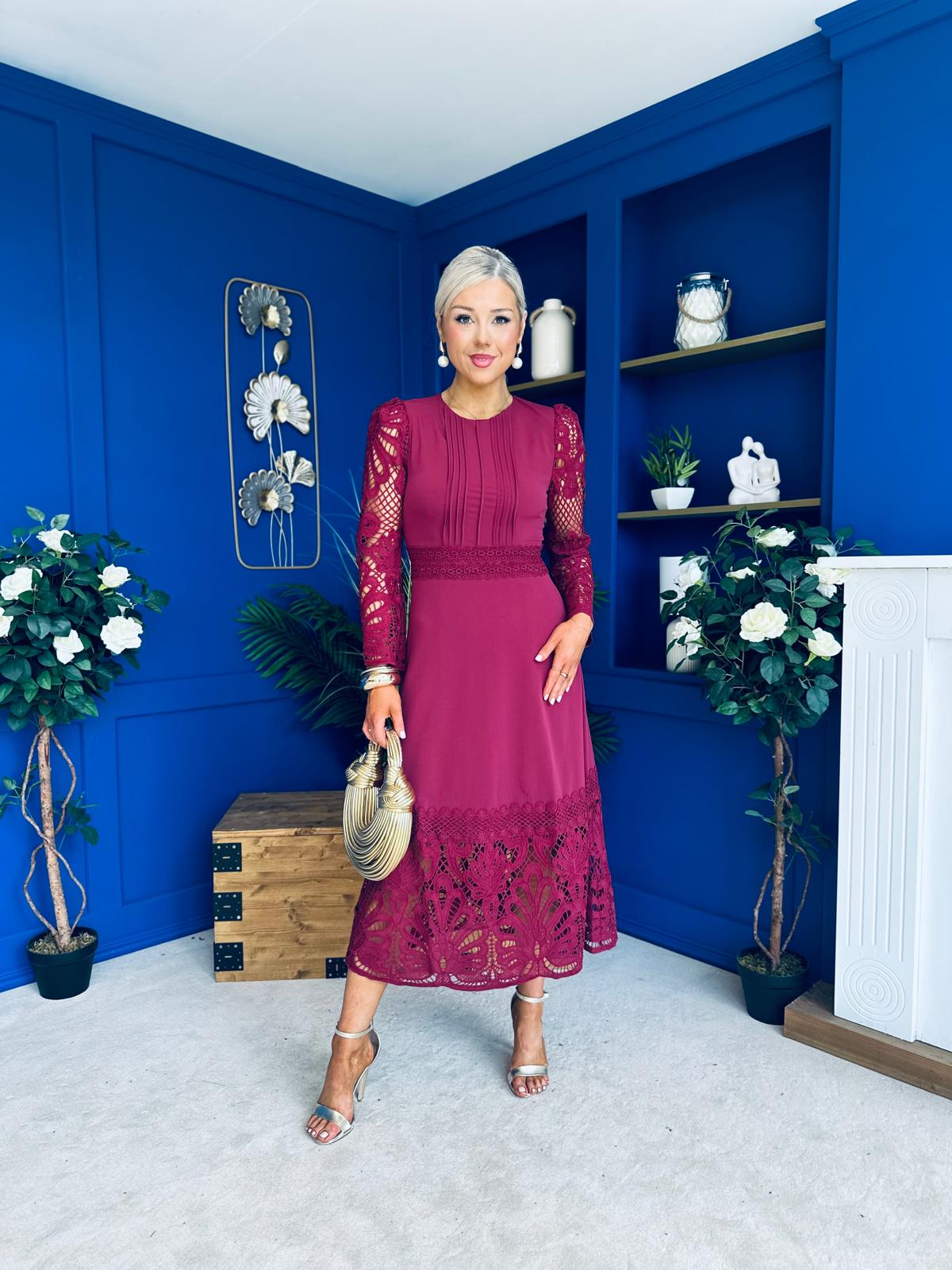Tiffany Crochet Detail Occasion Dress Wine