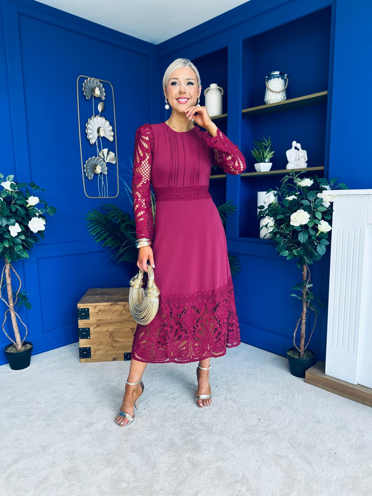 Tiffany Crochet Detail Occasion Dress Wine