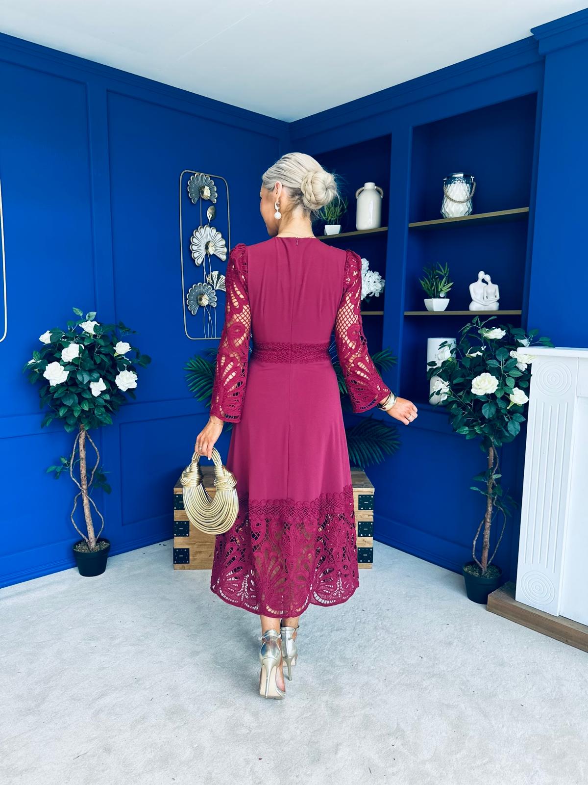 Tiffany Crochet Detail Occasion Dress Wine