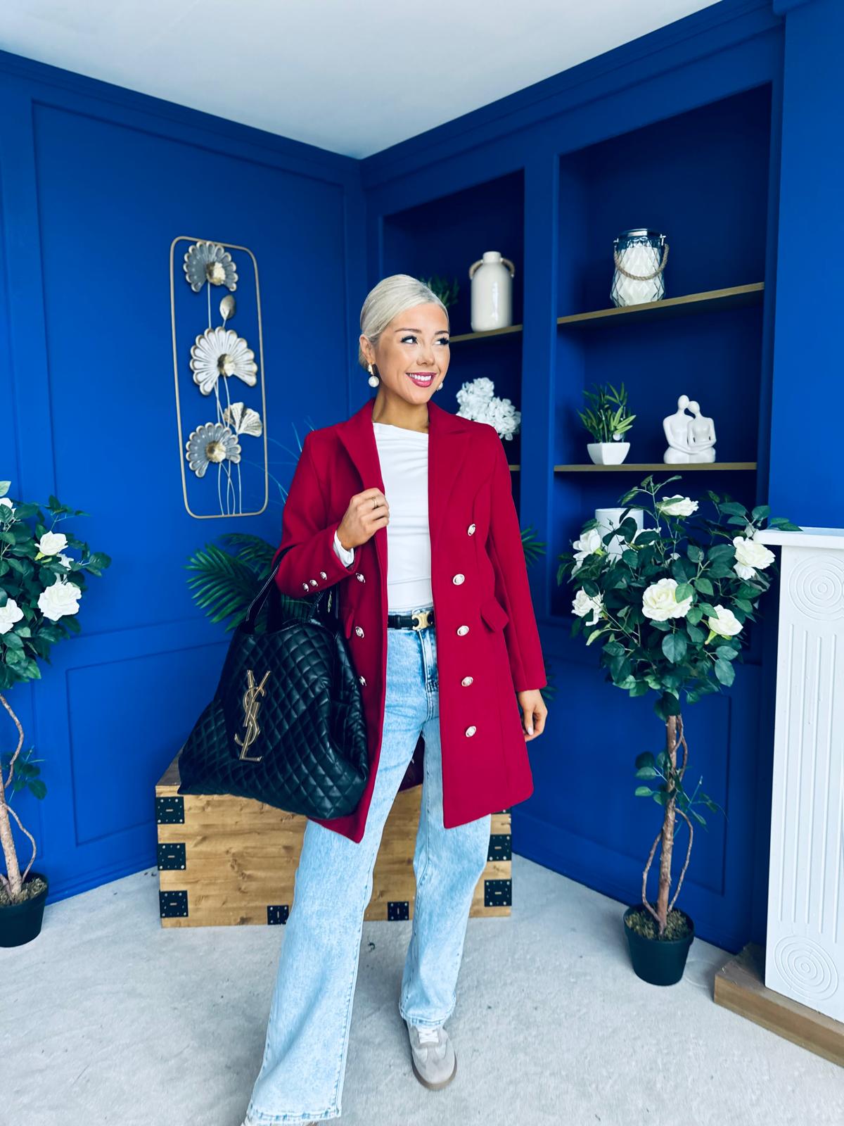 Rachel Button Detail Coat Wine