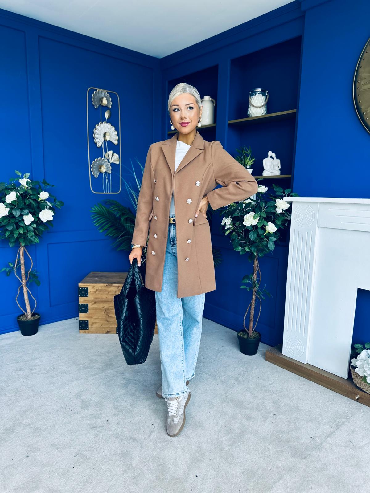 Rachel Button Detail Coat Camel