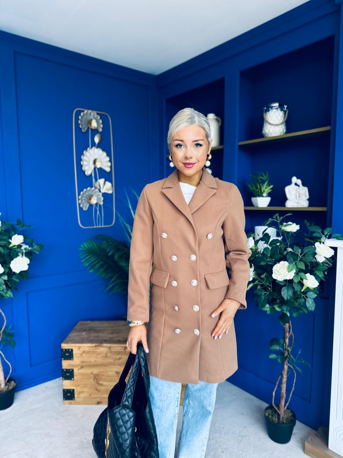 Rachel Button Detail Coat Camel