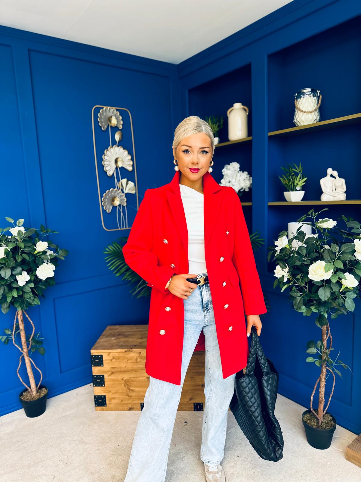 Rachel Button Detail Coat Red