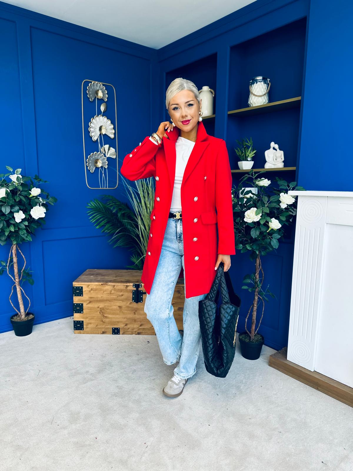 Rachel Button Detail Coat Red