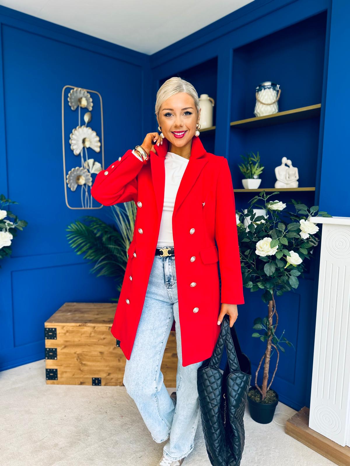 Rachel Button Detail Coat Red