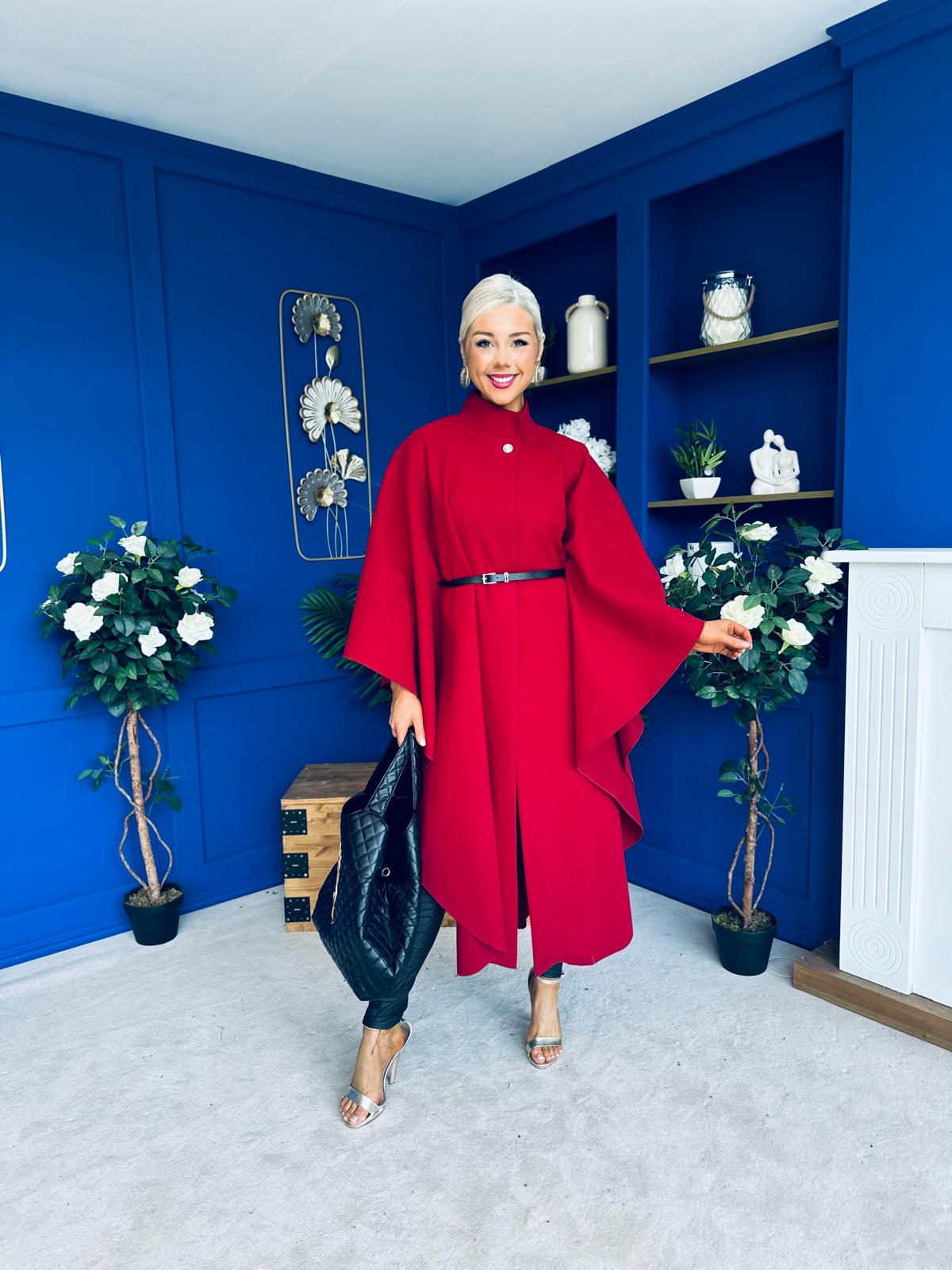 Phoebe Belted Longline Cape Wine Pre Order 18 Sept