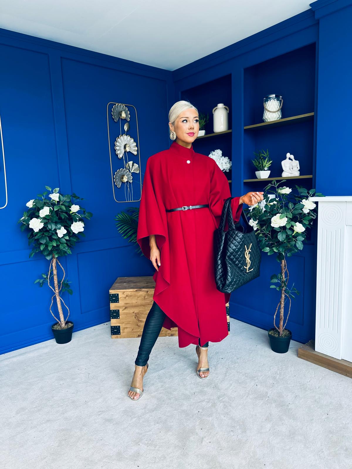 Phoebe Belted Longline Cape Wine Pre Order 18 Sept