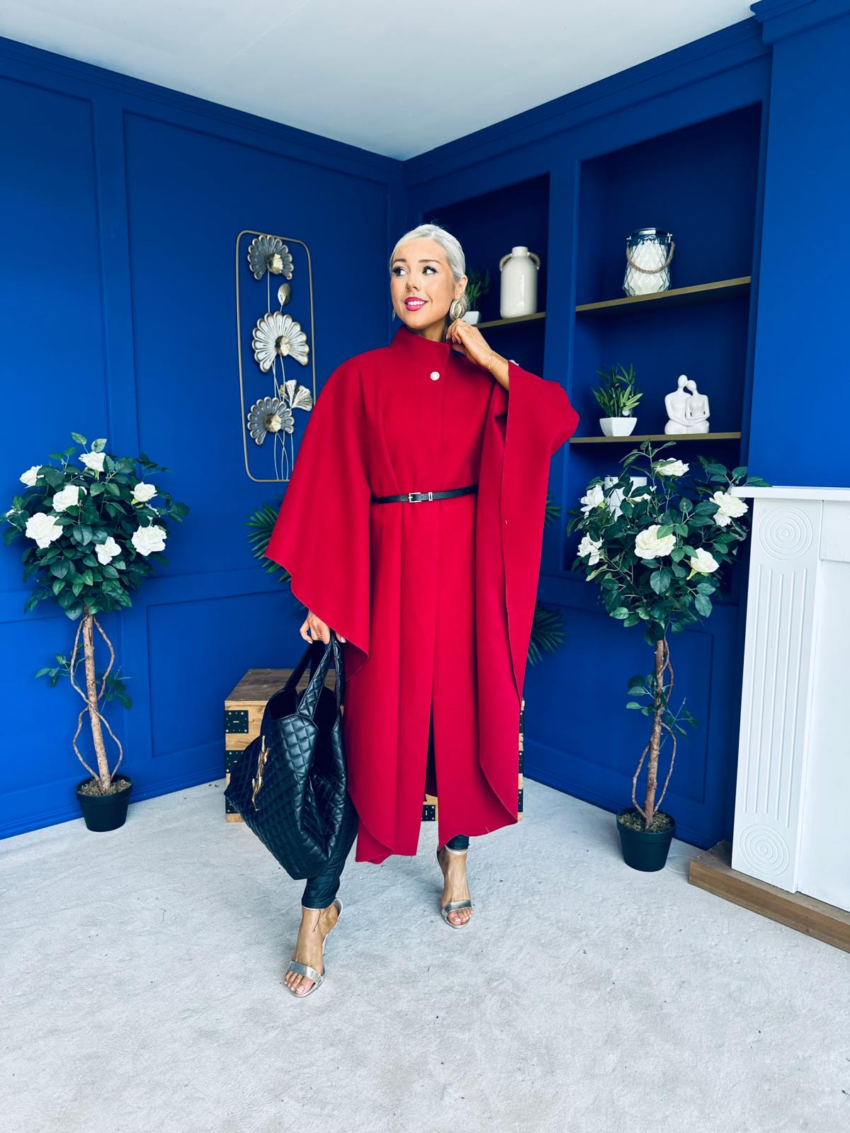 Phoebe Belted Longline Cape Wine Pre Order 18 Sept