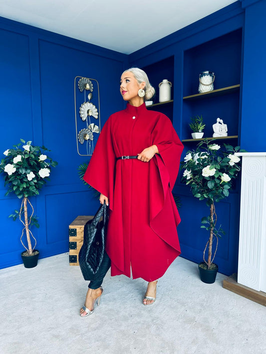 Phoebe Belted Longline Cape Wine Pre Order 18 Sept