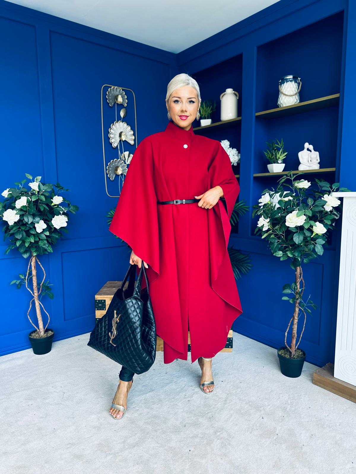 Phoebe Belted Longline Cape Wine Pre Order 18 Sept