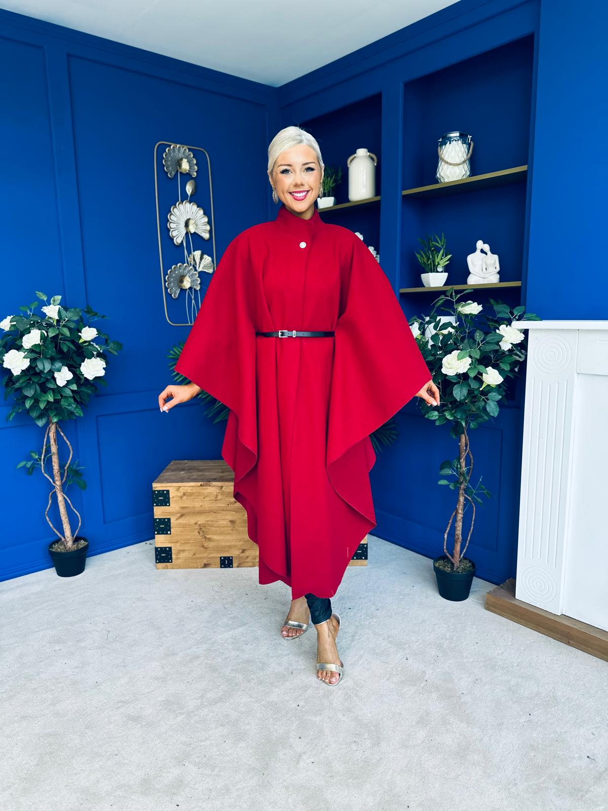 Phoebe Belted Longline Cape Wine Pre Order 18 Sept