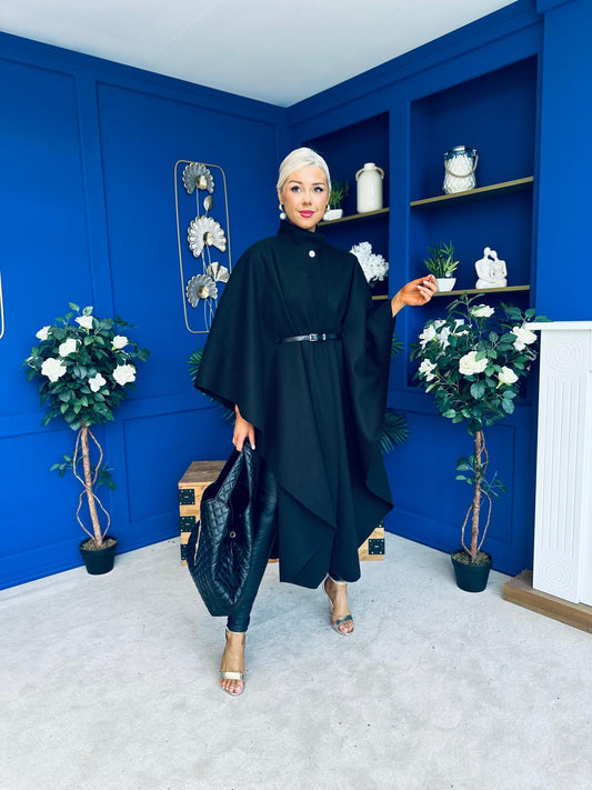 Phoebe Belted Longline Cape Black