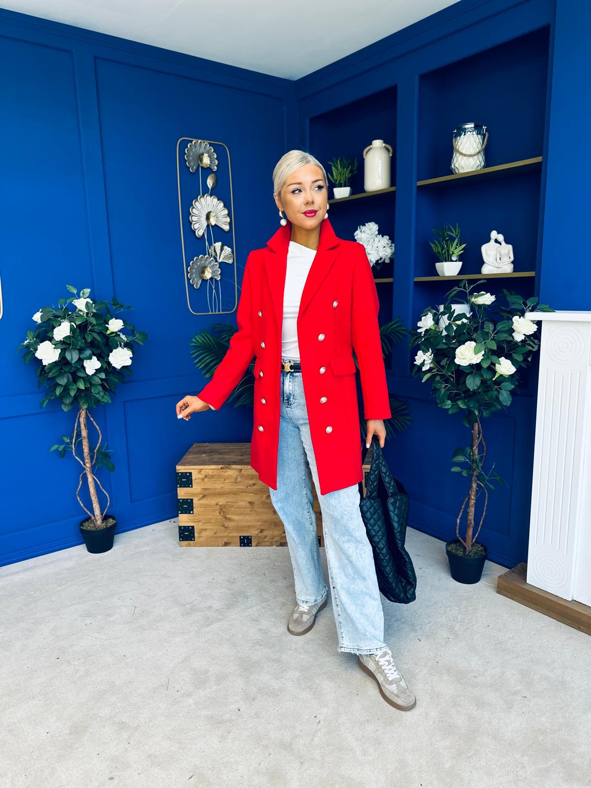 Rachel Button Detail Coat Red