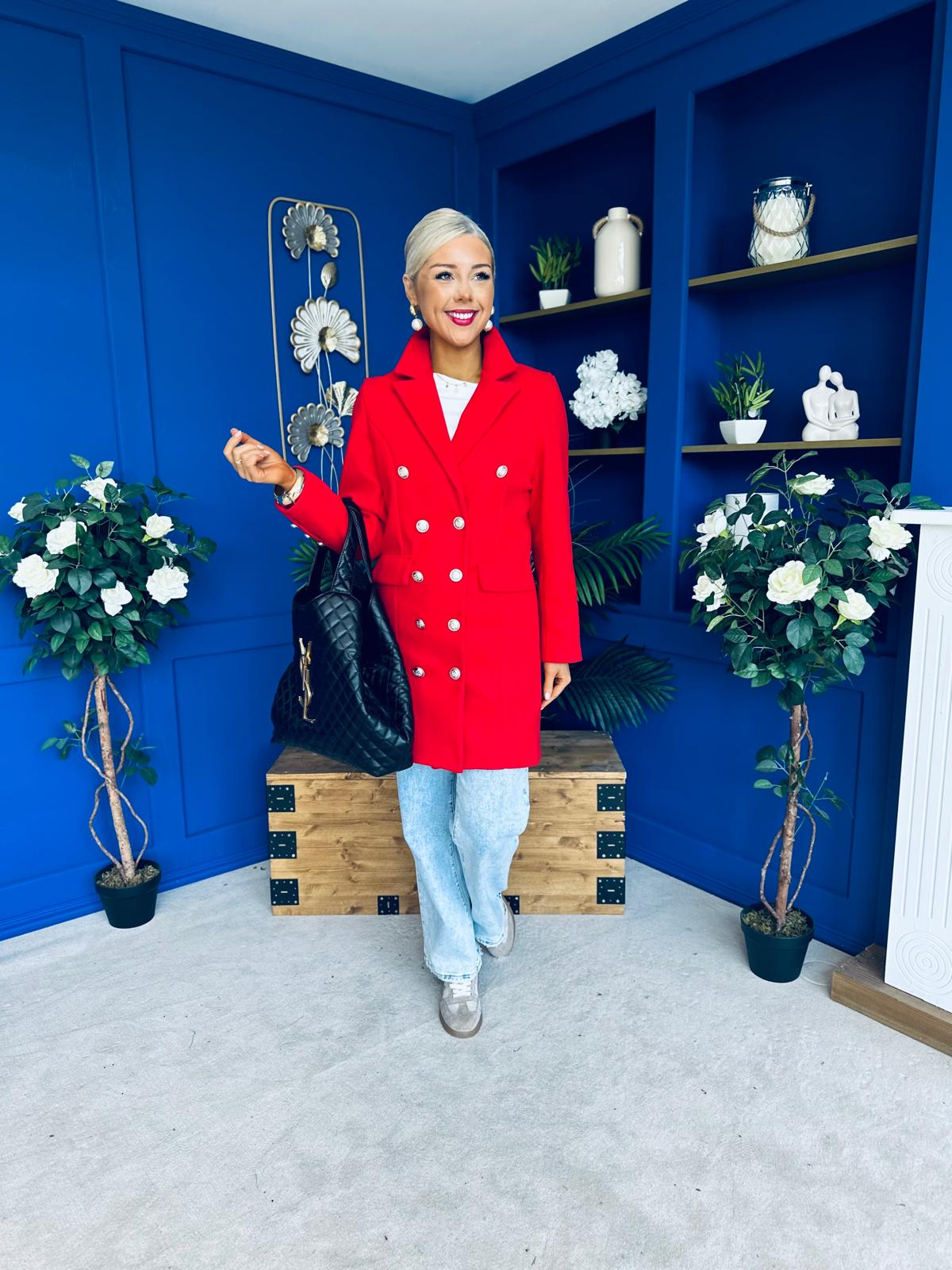 Rachel Button Detail Coat Red