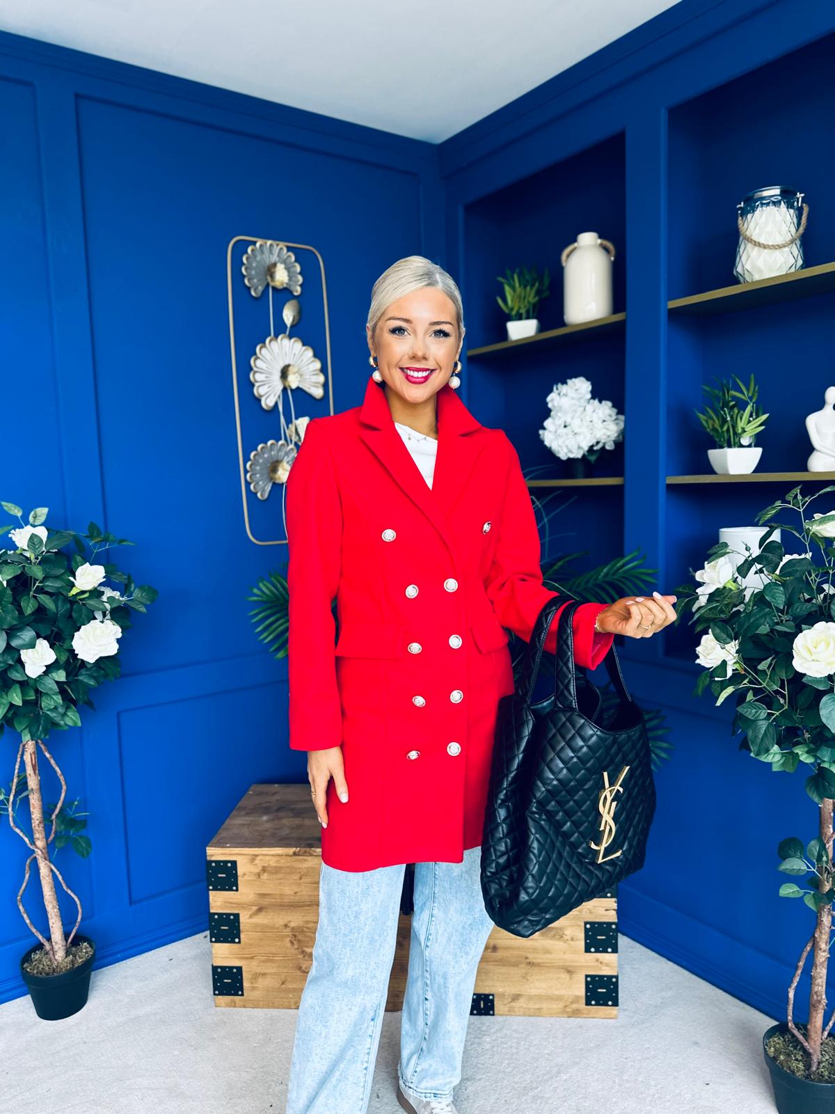 Rachel Button Detail Coat Red