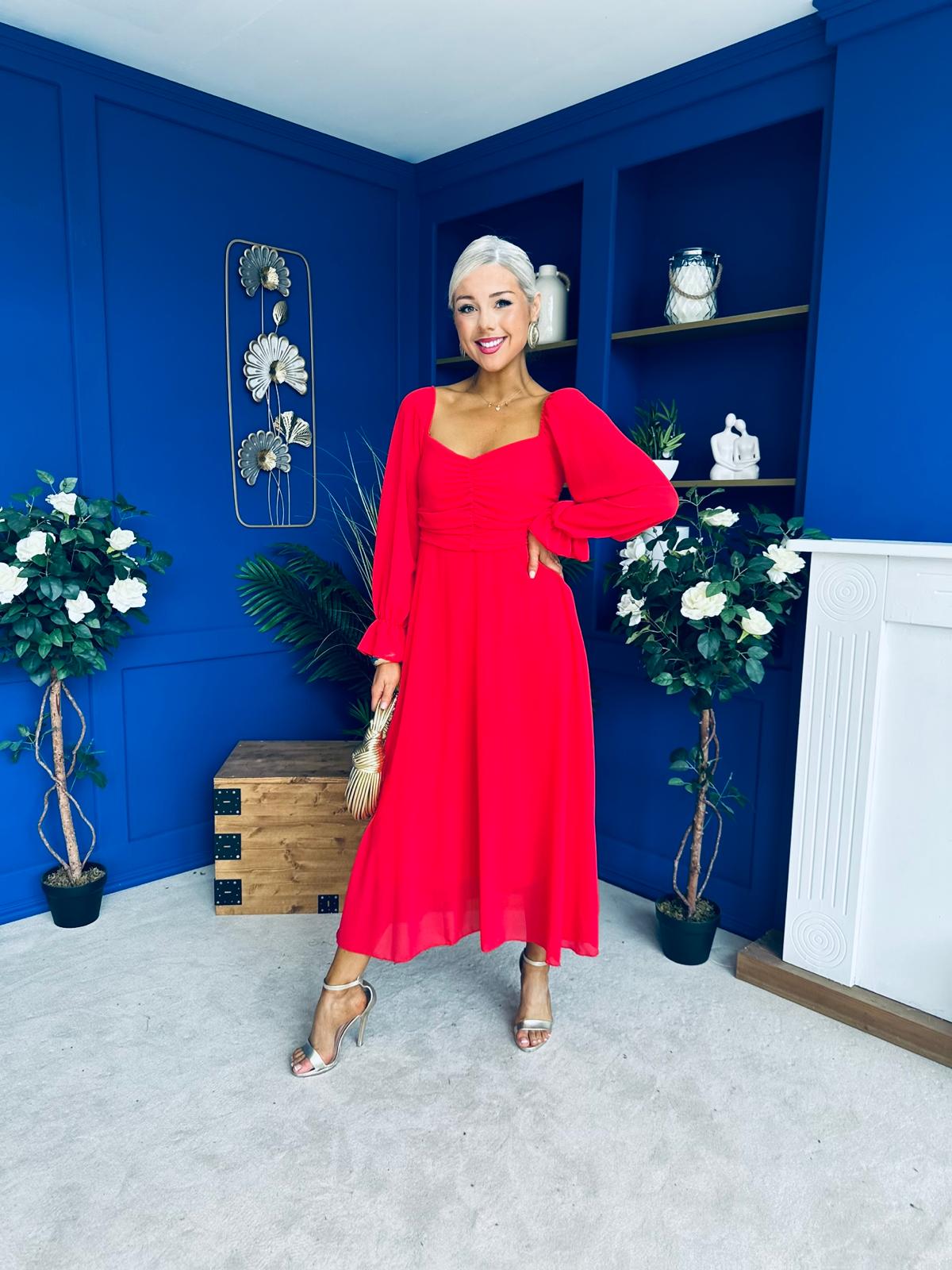Eire Long Sleeve Midi Dress Red