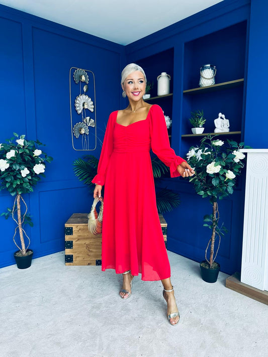 Eire Long Sleeve Midi Dress Red