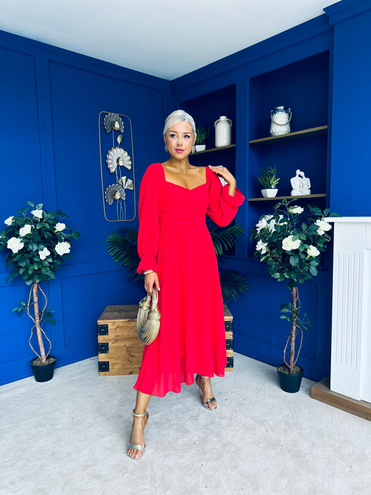 Eire Long Sleeve Midi Dress Red