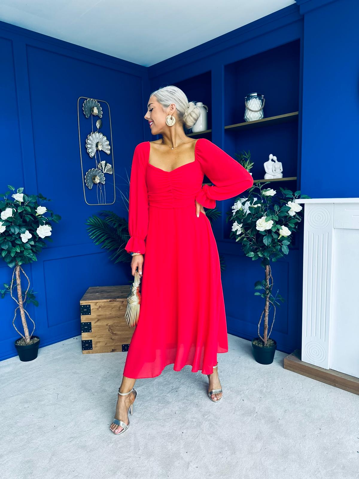 Eire Long Sleeve Midi Dress Red