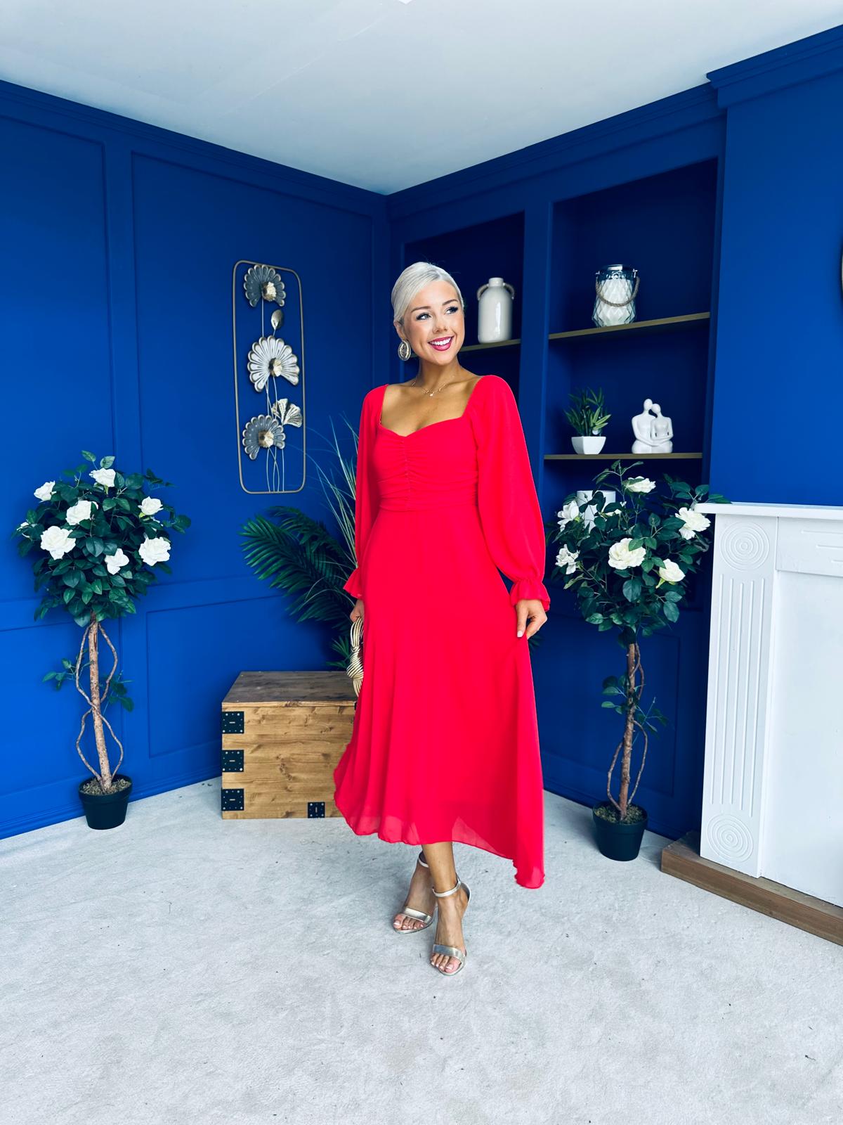 Eire Long Sleeve Midi Dress Red
