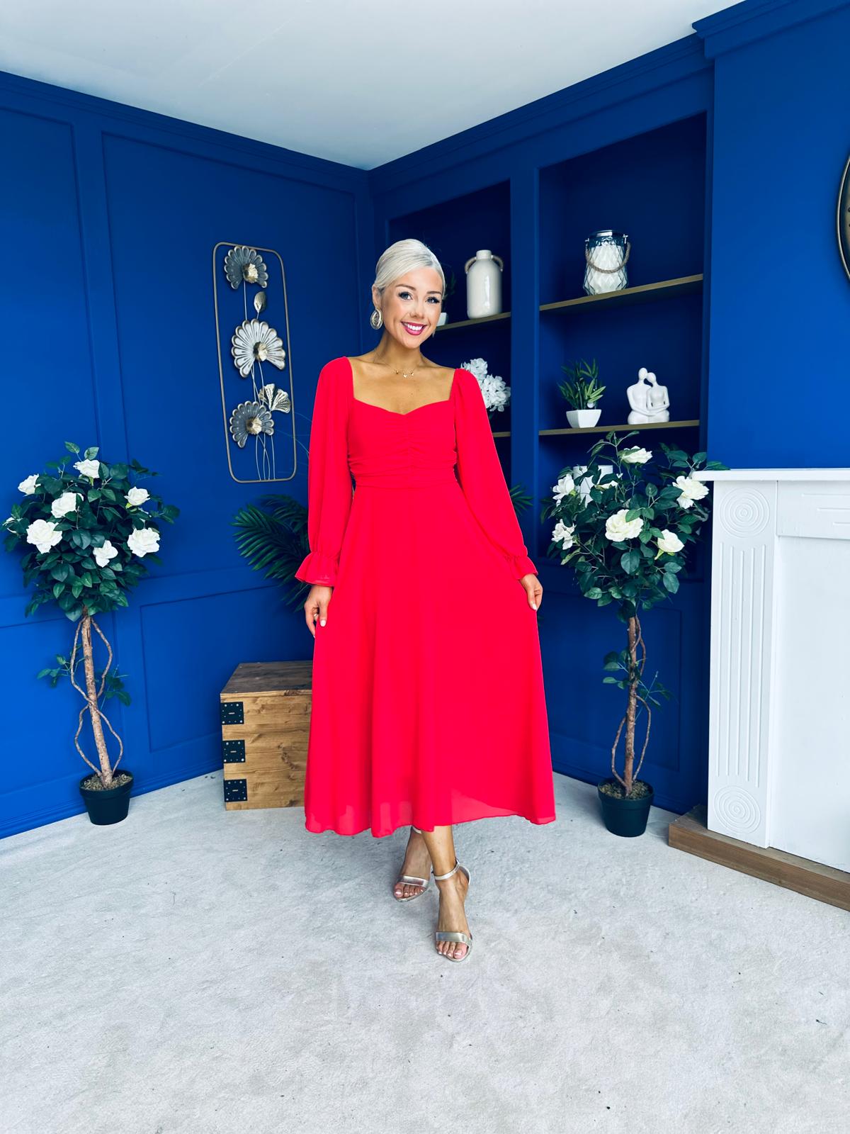 Eire Long Sleeve Midi Dress Red
