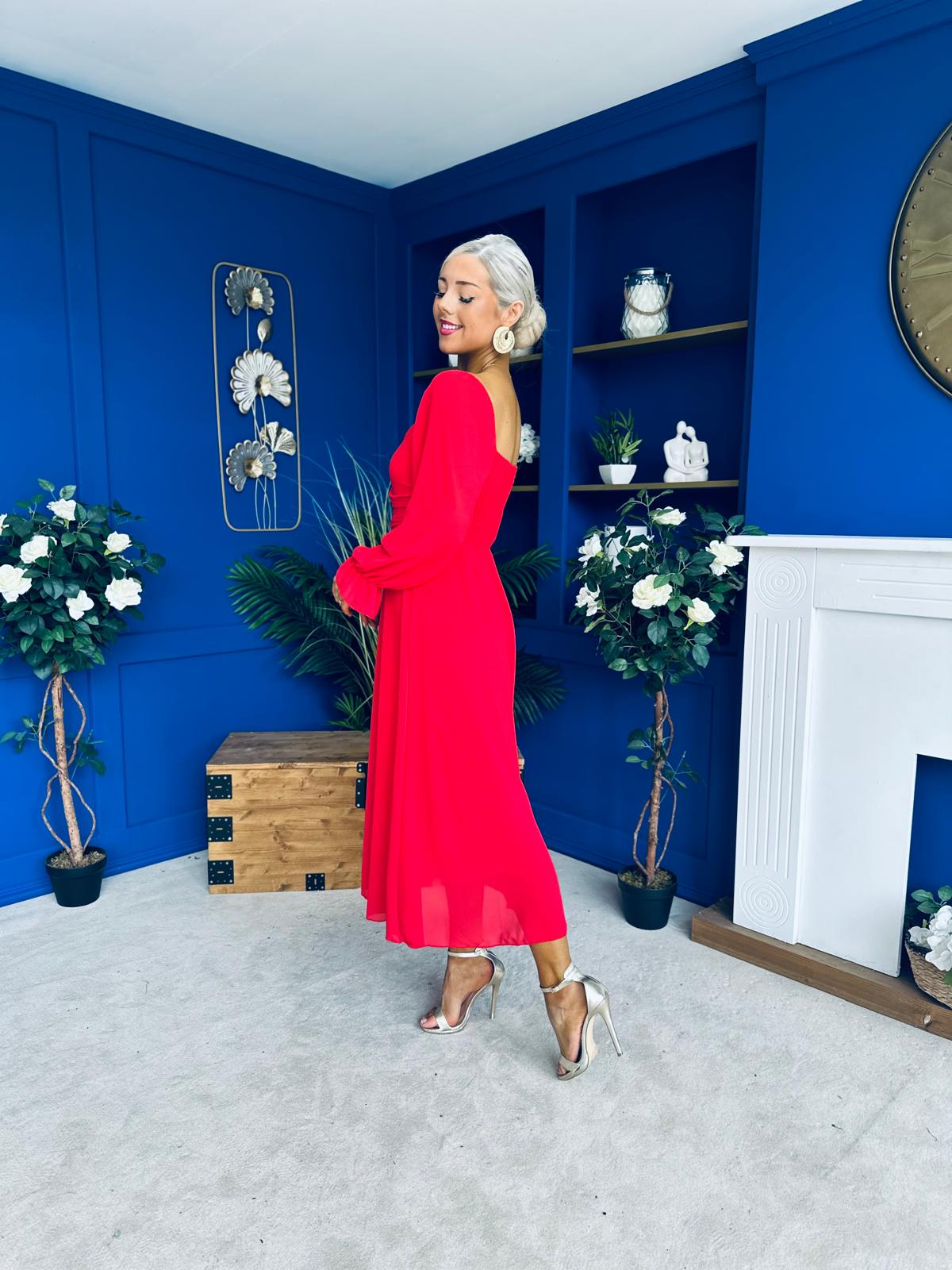 Eire Long Sleeve Midi Dress Red