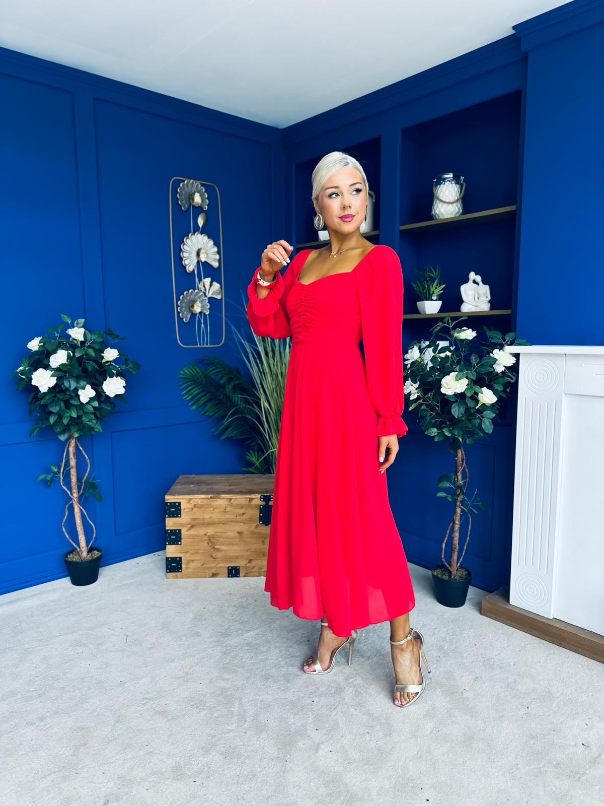 Eire Long Sleeve Midi Dress Red