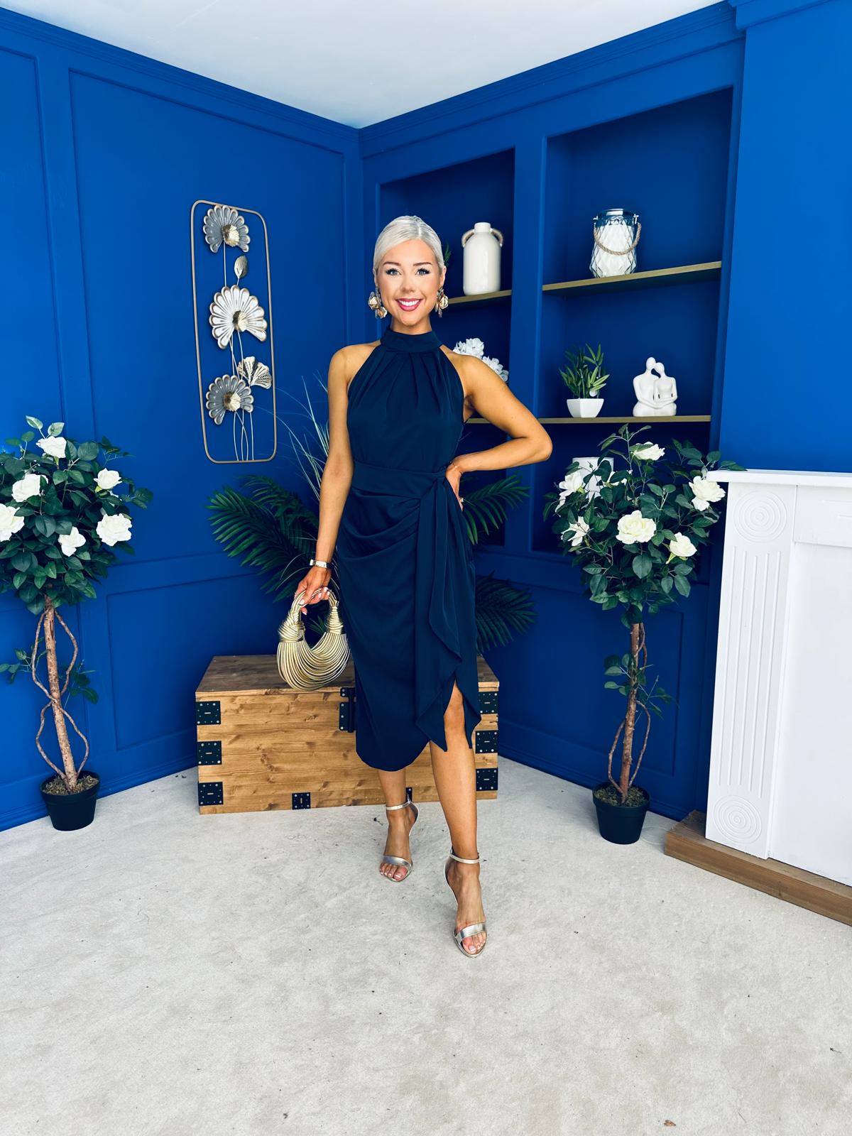 Priya Tie Waist Halter Neck Midi Dress Navy