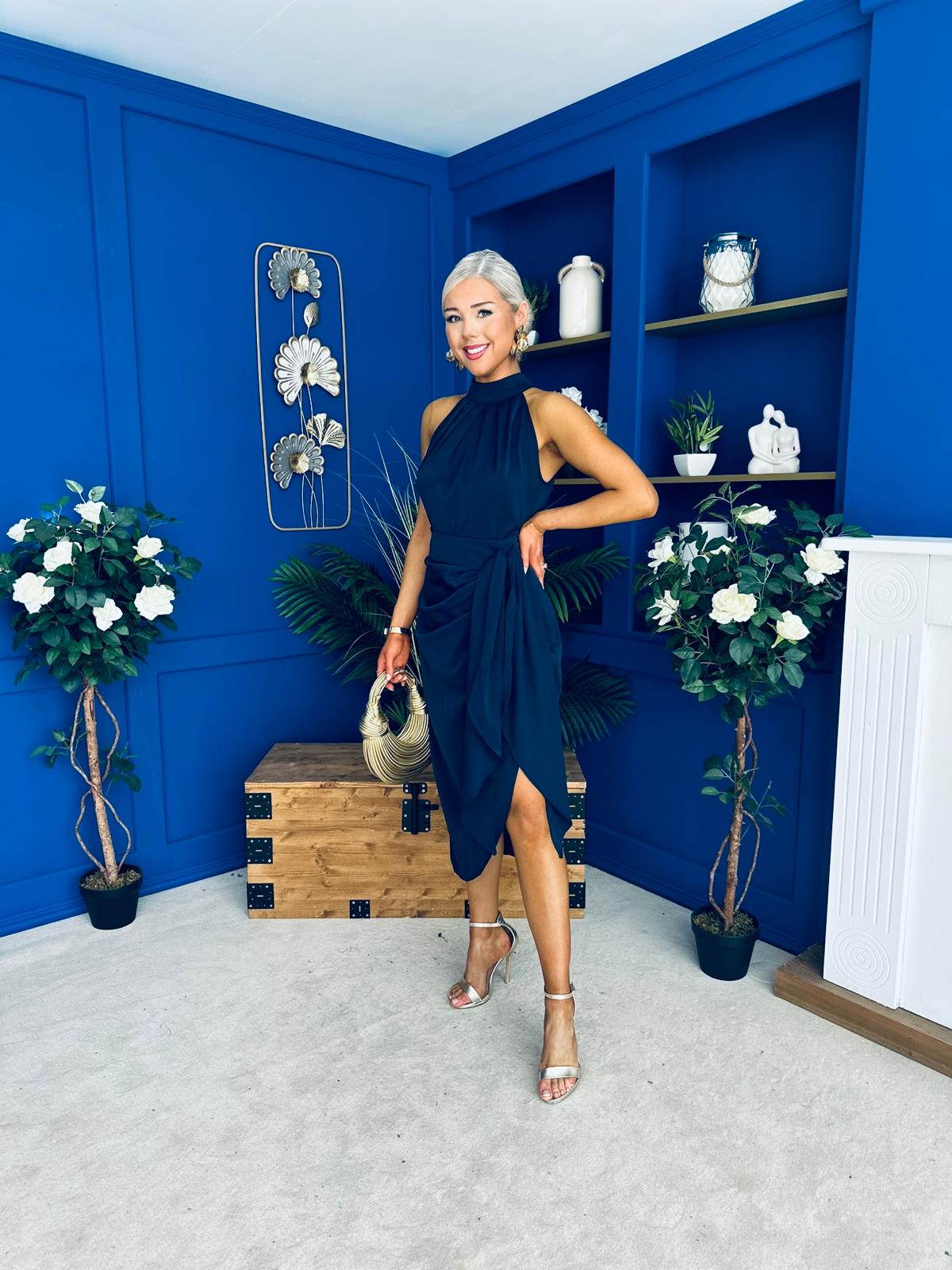Priya Tie Waist Halter Neck Midi Dress Navy