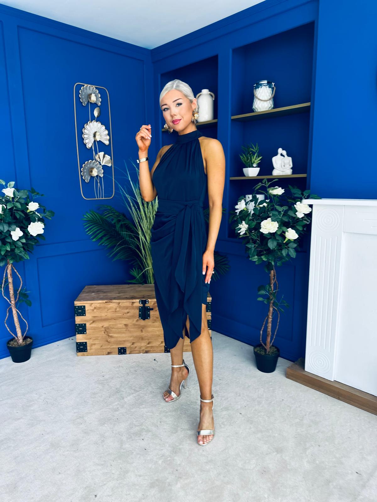 Priya Tie Waist Halter Neck Midi Dress Navy
